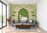 Decorative wallpaper with illustrated Indian cows and folk art elements